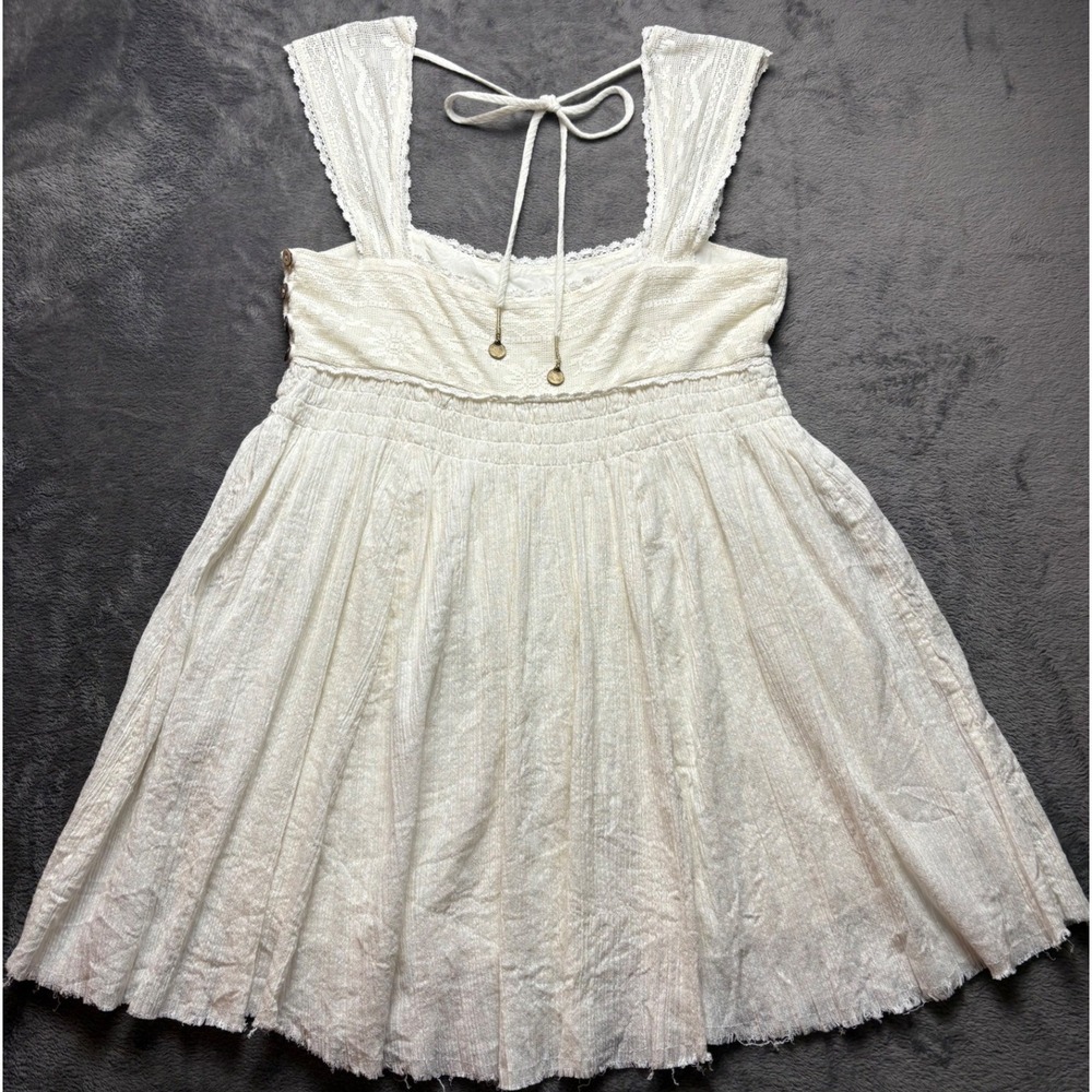 Free People Dress Womens L Large White Lace Smocked Side Button Boho Hippie - Picture 2 of 12